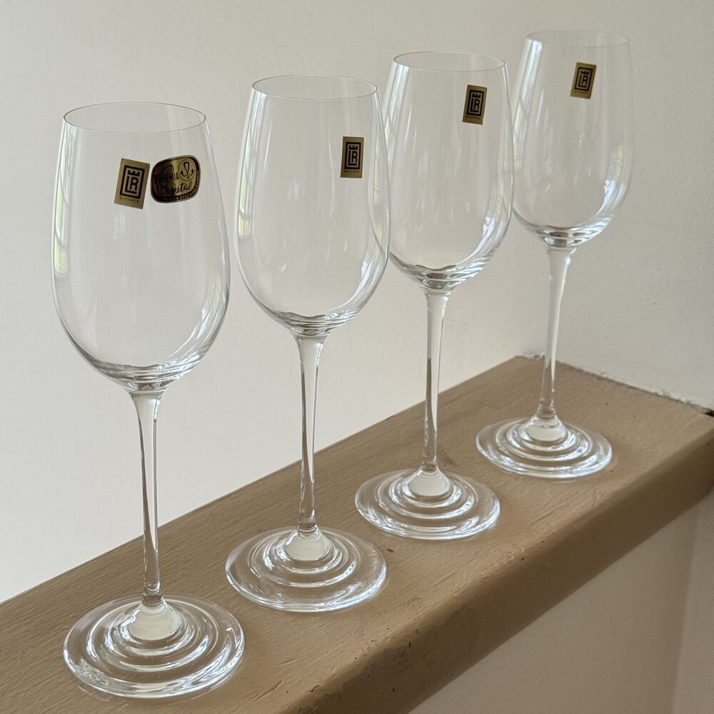 Vintage Czechoslovakian LRE Crystal Long Stem Wine Glasses - Set o 4